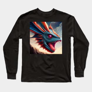 Long Necked Blue and Red Dragon with Purple Eyes Long Sleeve T-Shirt